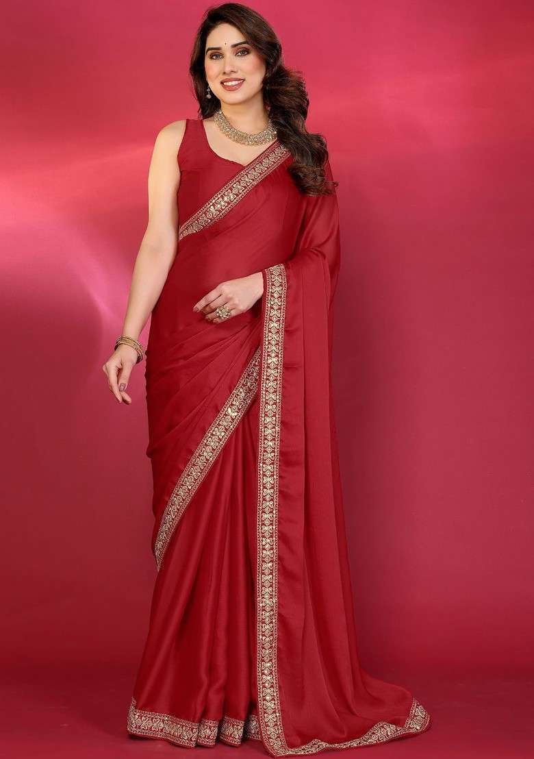 Red Embroidered Blended Saree Set - Indya