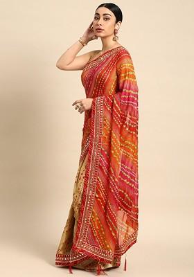 Beige Printed Blended Saree Set