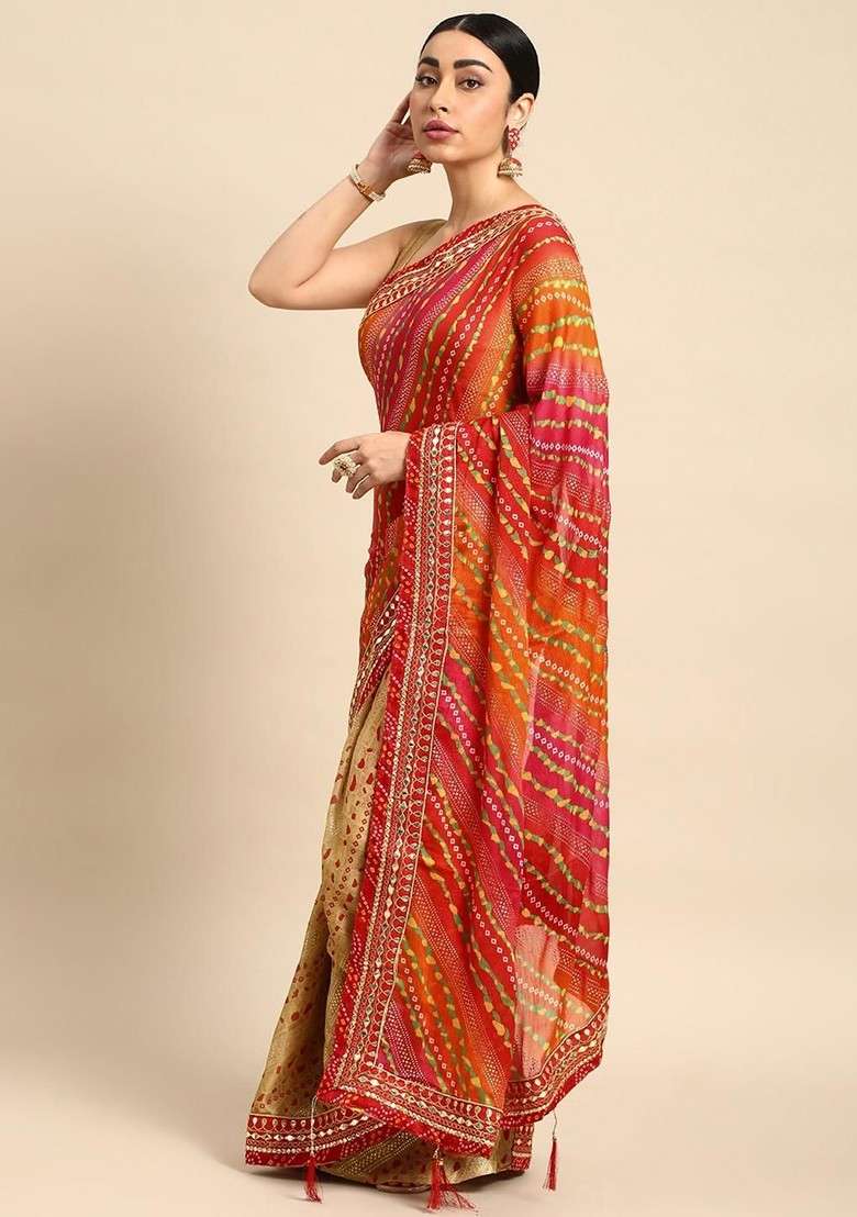 Beige Printed Blended Saree Set for Diwali and Festive Wear - Indya