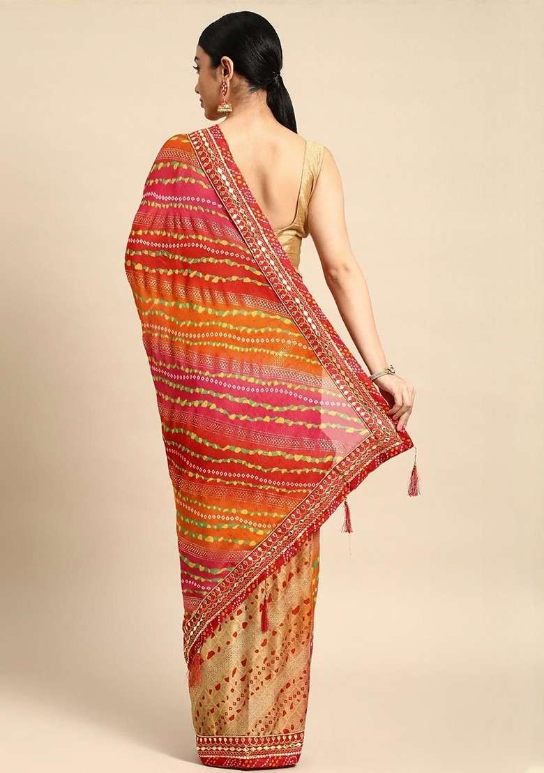 Beige Printed Blended Saree Set for Diwali and Festive Wear - Indya
