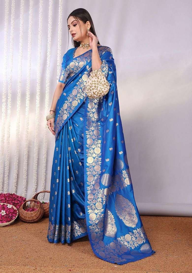 Blue Blended Jacquard Saree Set for Diwali | Wedding & Festive Wear - Indya