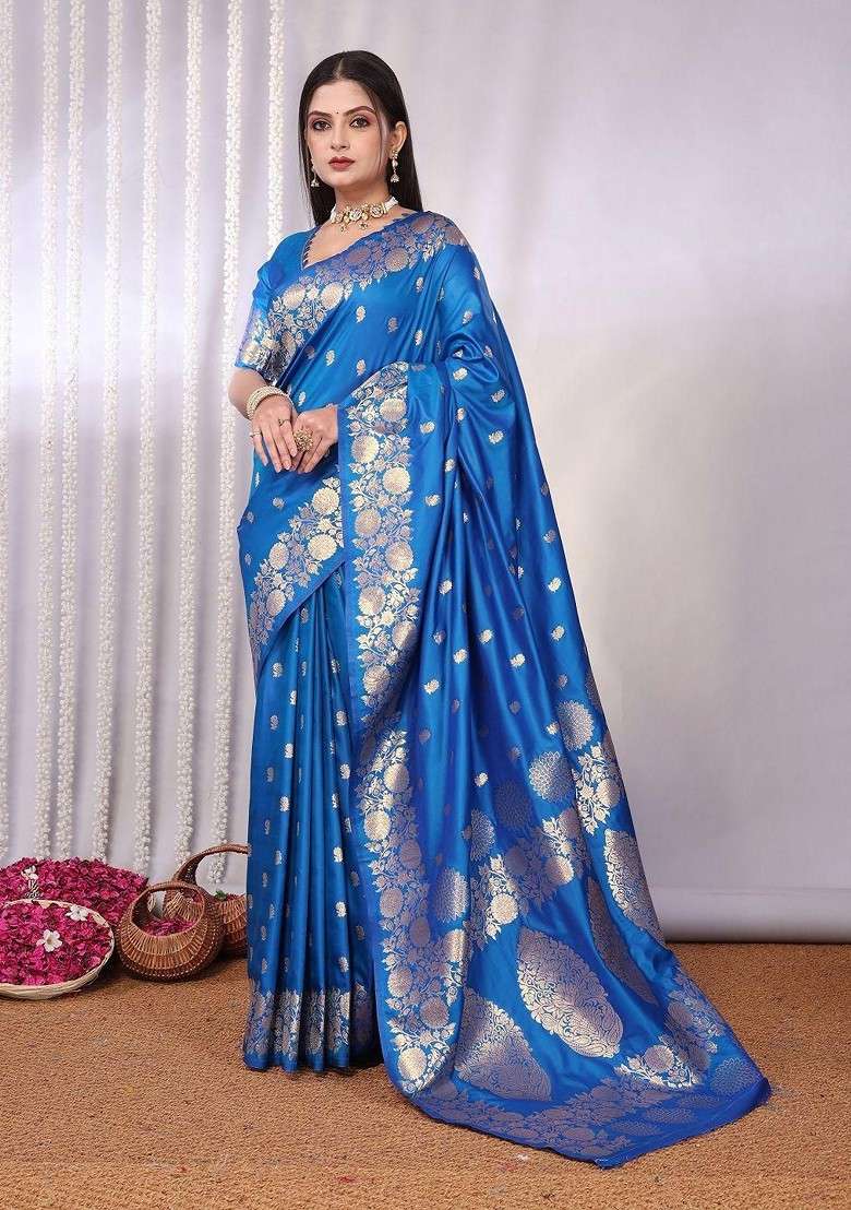 Blue Blended Jacquard Saree Set for Diwali | Wedding & Festive Wear - Indya