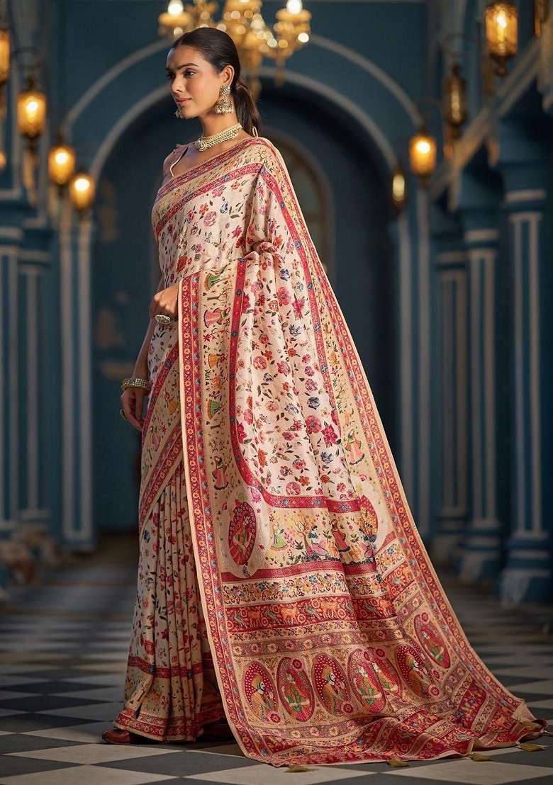 Cream Jacquard Blended Saree Set - Indya