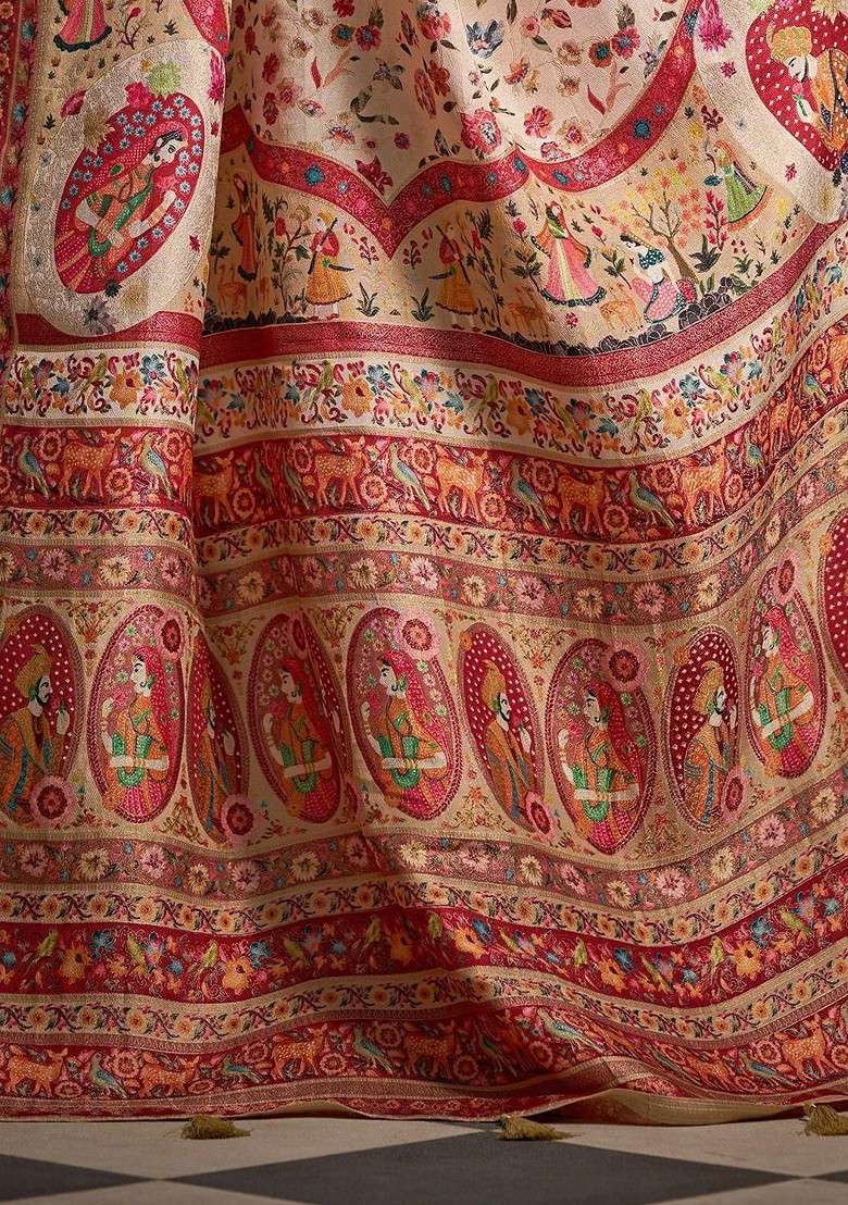 Cream Jacquard Blended Saree Set - Indya