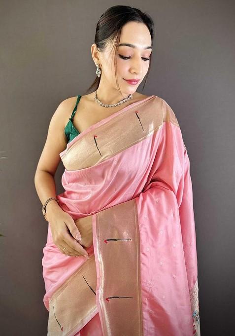 Pink Embroidered Blended Saree Set