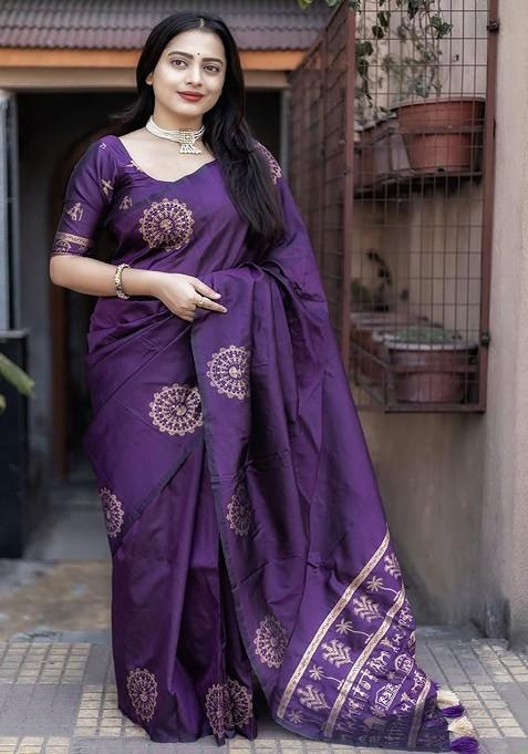 Purple Embroidered Blended Saree Set