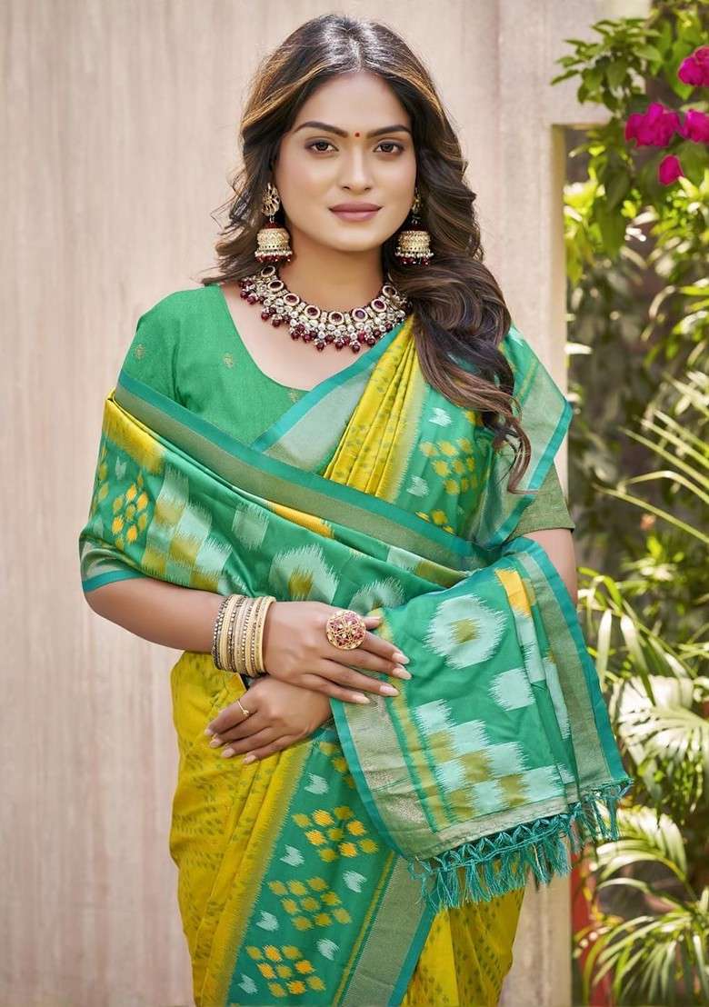 Olive Embroidered Blended Saree Set for Diwali and Festive Wear - Indya