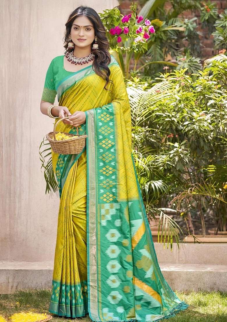 Olive Embroidered Blended Saree Set for Diwali and Festive Wear - Indya