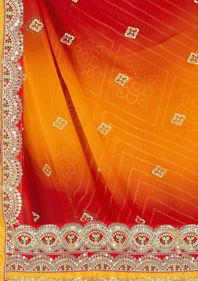 Red Printed Blended Saree Set