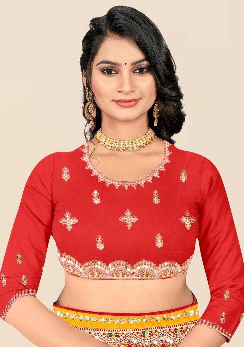 Red Printed Blended Saree Set