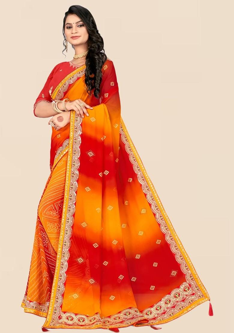 Red Printed Blended Saree Set