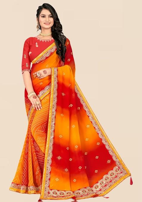 Red Printed Blended Saree Set