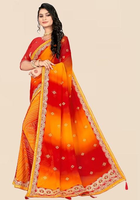 Red Printed Blended Saree Set