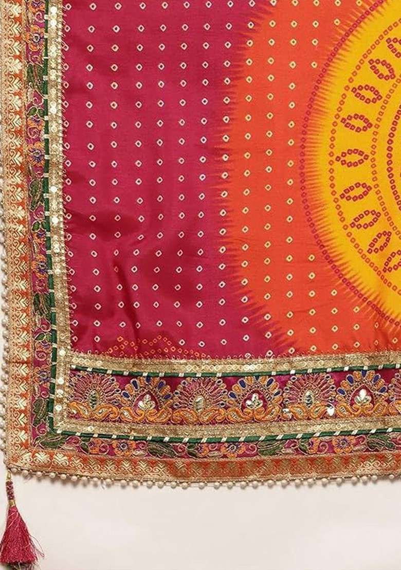 Orange Printed Blended Saree Set for Diwali and Festive Wear - Indya