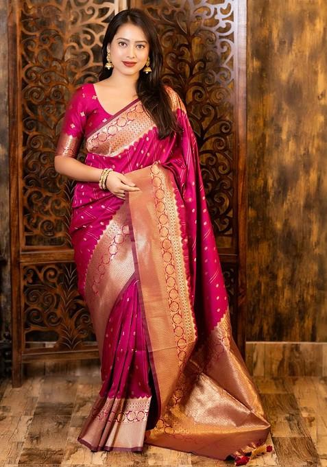 Fuchsia Embroidered Blended Saree Set