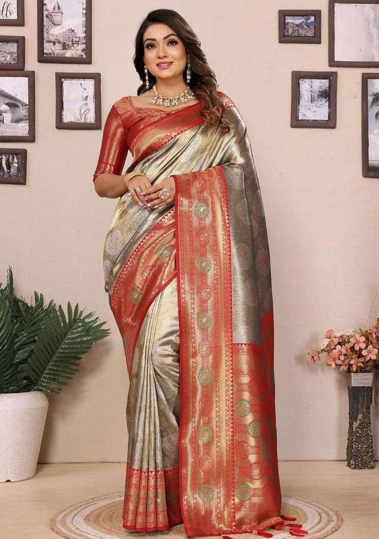 Gold Embroidered Blended Saree Set for Diwali and Festive Wear - Indya