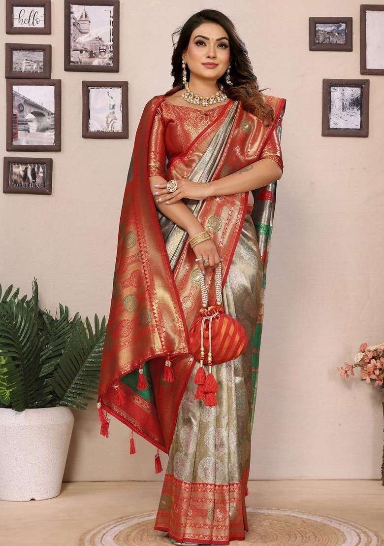 Gold Embroidered Blended Saree Set for Diwali and Festive Wear - Indya