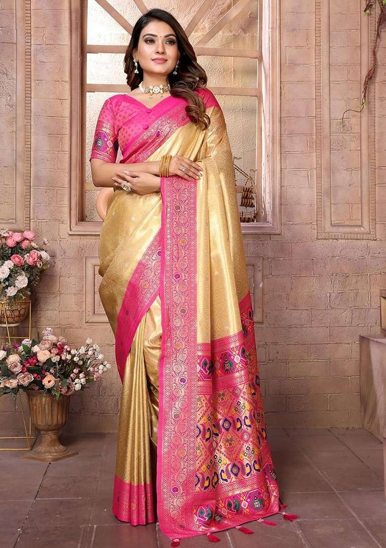 Beige Jacquard Blended Saree Set for Diwali and Festive Wear - Indya