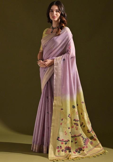 Lavender Embroidered Blended Saree Set