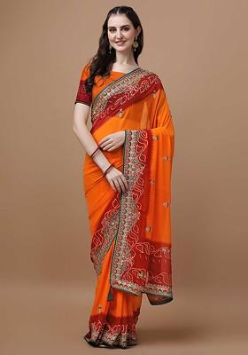 Orange Printed Blended Saree Set