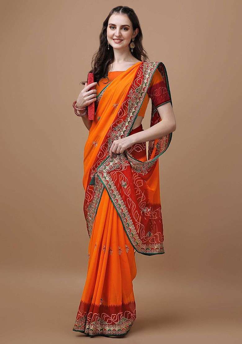 Orange Printed Blended Saree Set for Diwali and Festive Wear - Indya