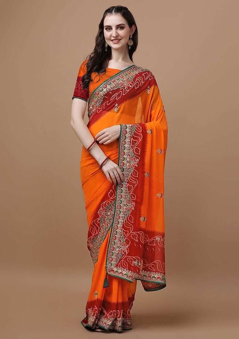 Orange Printed Blended Saree Set for Diwali and Festive Wear - Indya