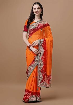 Orange Printed Blended Saree Set