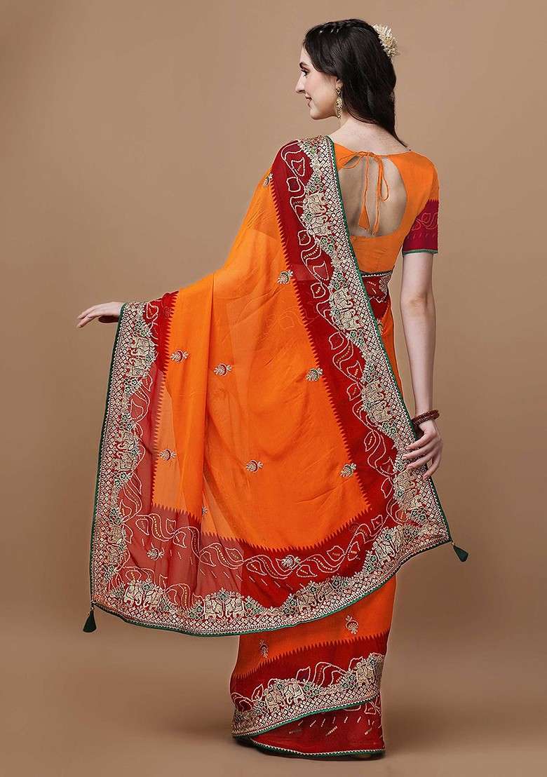 Orange Blended Saree Set with Printed for Diwali | Wedding & Festive Wear - Indya