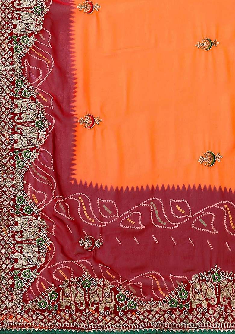 Orange Blended Saree Set with Printed for Diwali | Wedding & Festive Wear - Indya