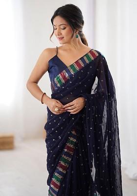 Navy Blue Embellished Blended Saree Set