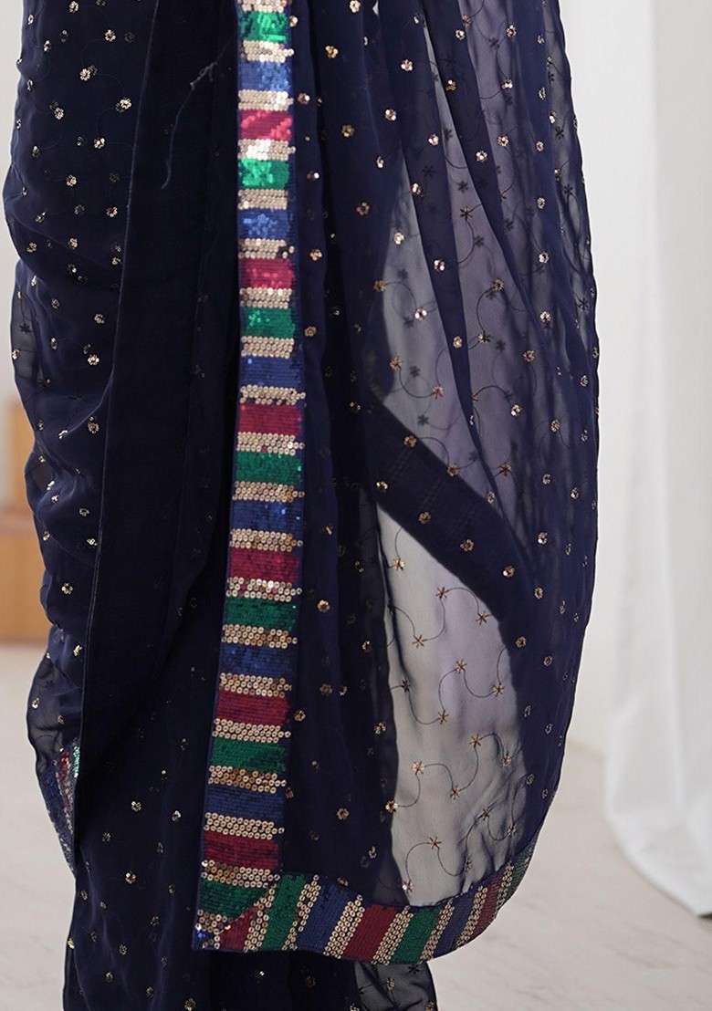 Navy Blue Embellished Blended Saree Set for Diwali and Festive Wear - Indya