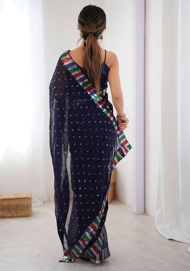 Navy Blue Embellished Blended Saree Set for Diwali and Festive Wear - Indya