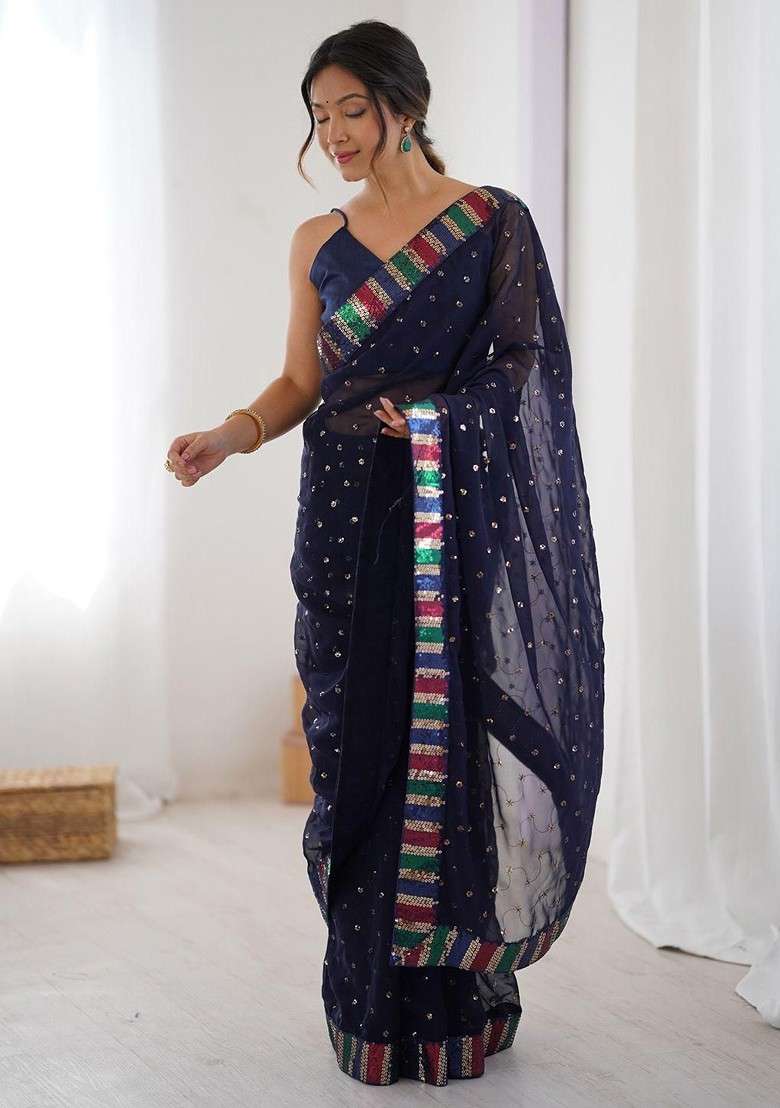 Navy Blue Embellished Blended Saree Set for Diwali and Festive Wear - Indya