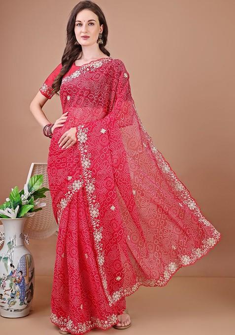 Red Embroidered Blended Saree Set