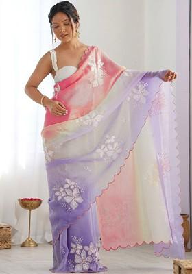 Multi Printed Blended Saree Set
