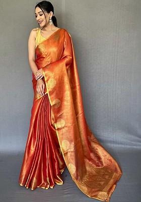Orange Embroidered Blended Saree Set