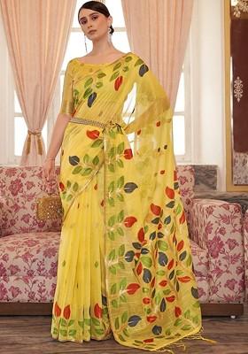 Yellow Embellished Blended Saree Set