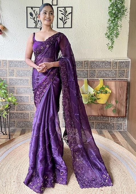 Purple Embroidered Blended Saree Set
