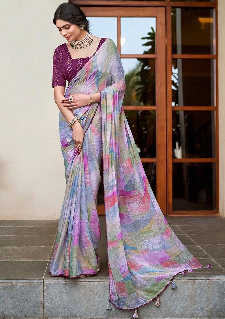 Multi Printed Blended Saree Set - Indya