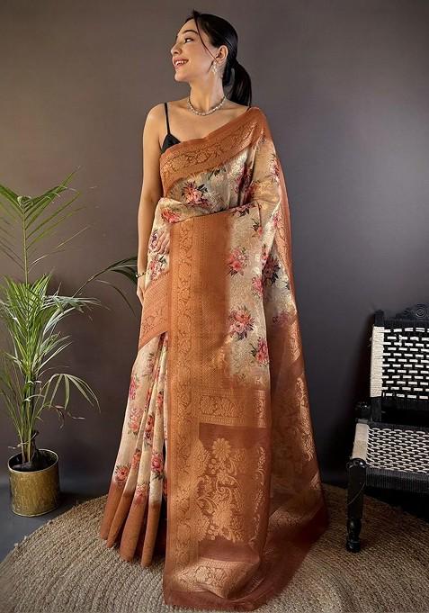 Brown Embroidered Blended Saree Set