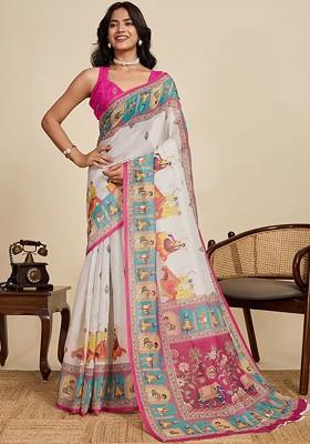 Off White Embroidered Blended Saree Set