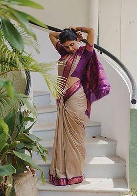 Beige Embroidered Blended Saree Set