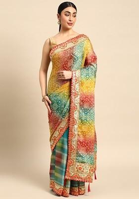 Blue Printed Blended Saree Set