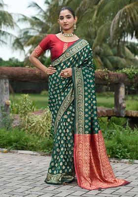 Green Embroidered Blended Saree Set