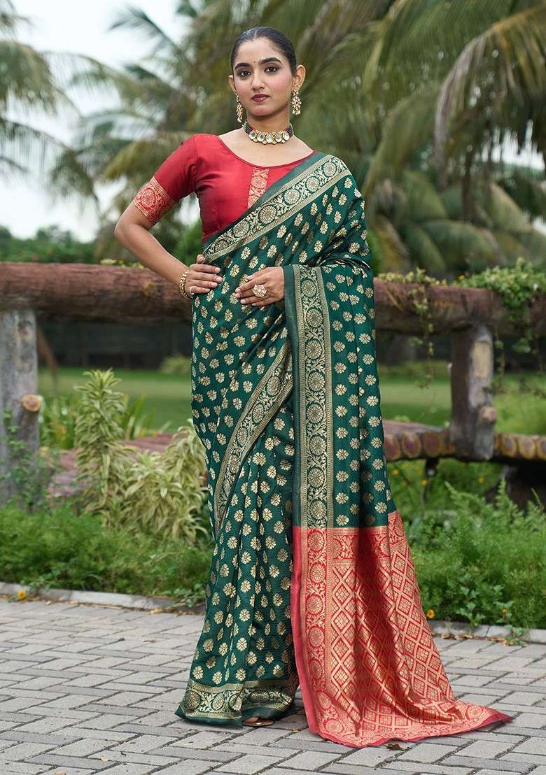 Green Embroidered Blended Saree Set - Indya