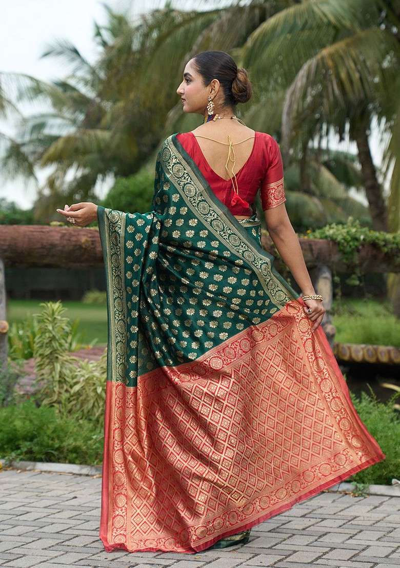 Green Embroidered Blended Saree Set - Indya