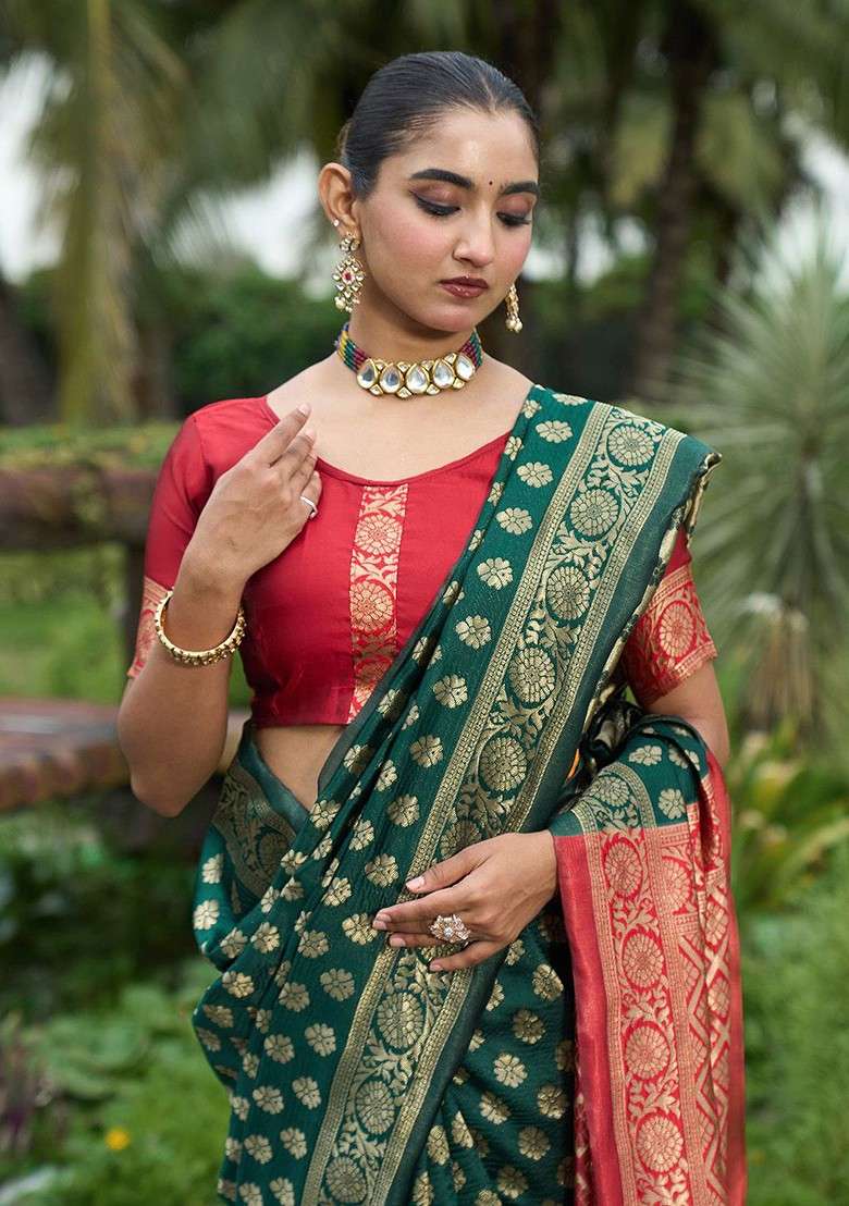 Green Embroidered Blended Saree Set - Indya