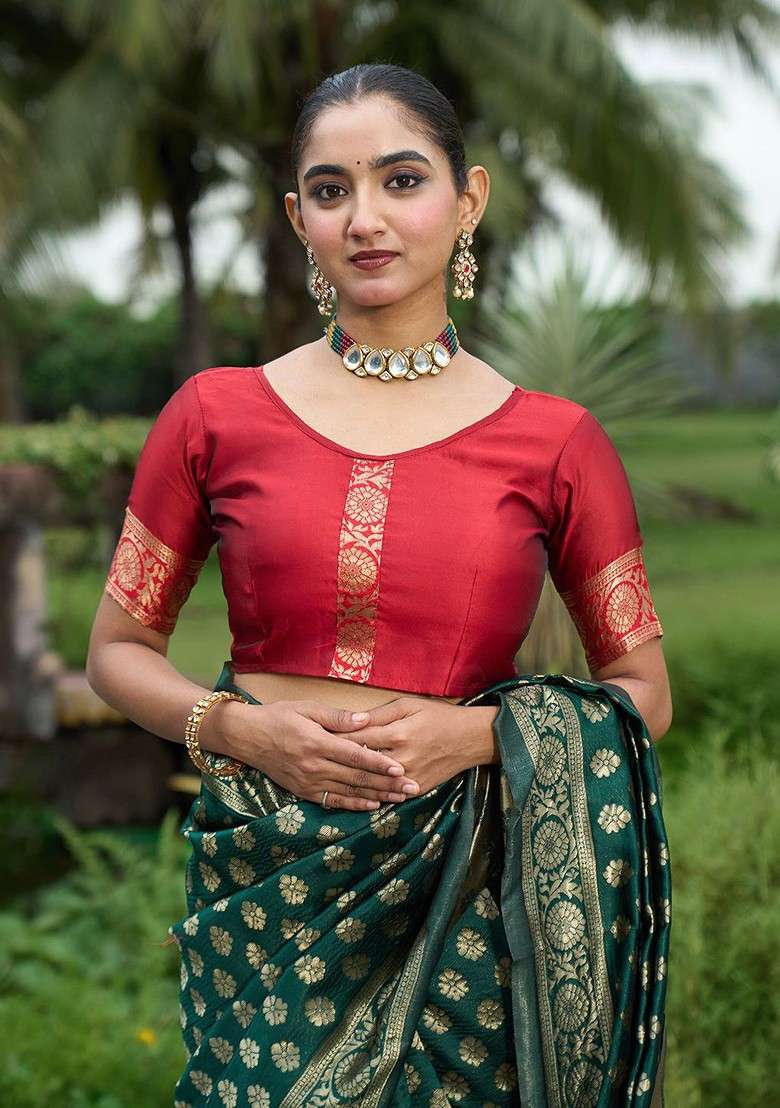 Green Embroidered Blended Saree Set - Indya