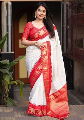 Red Jacquard Blended Saree Set