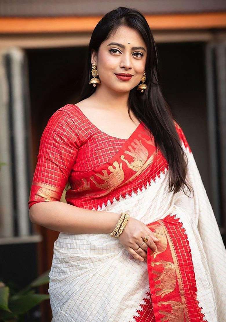 Red Blended Jacquard Saree Set for Diwali | Wedding & Festive Wear - Indya